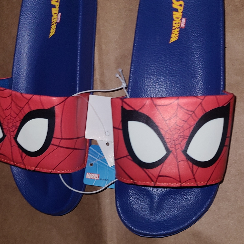Marvel Spider-Man Red and Blue Slide Sandals with Webbed Eye Graphic